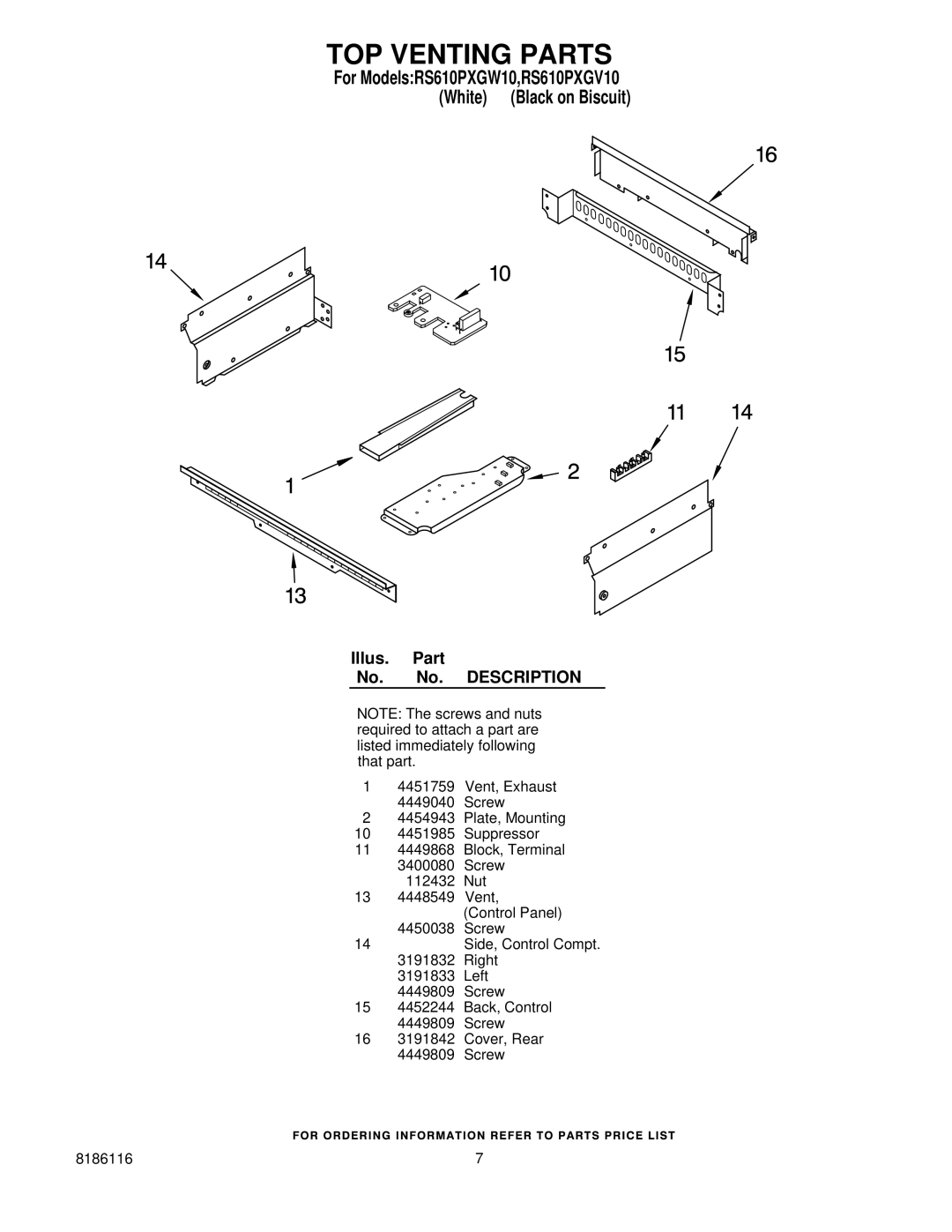 Whirlpool RS610PXGV10, RS610PXGW10 installation instructions TOP Venting Parts 