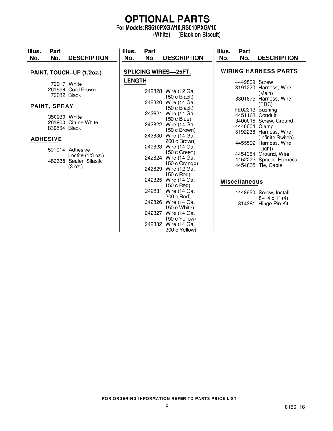 Whirlpool RS610PXGW10 Optional Parts, PAINT, Spray, Adhesive, Splicing WIRES−−25FT Length, Wiring Harness Parts 