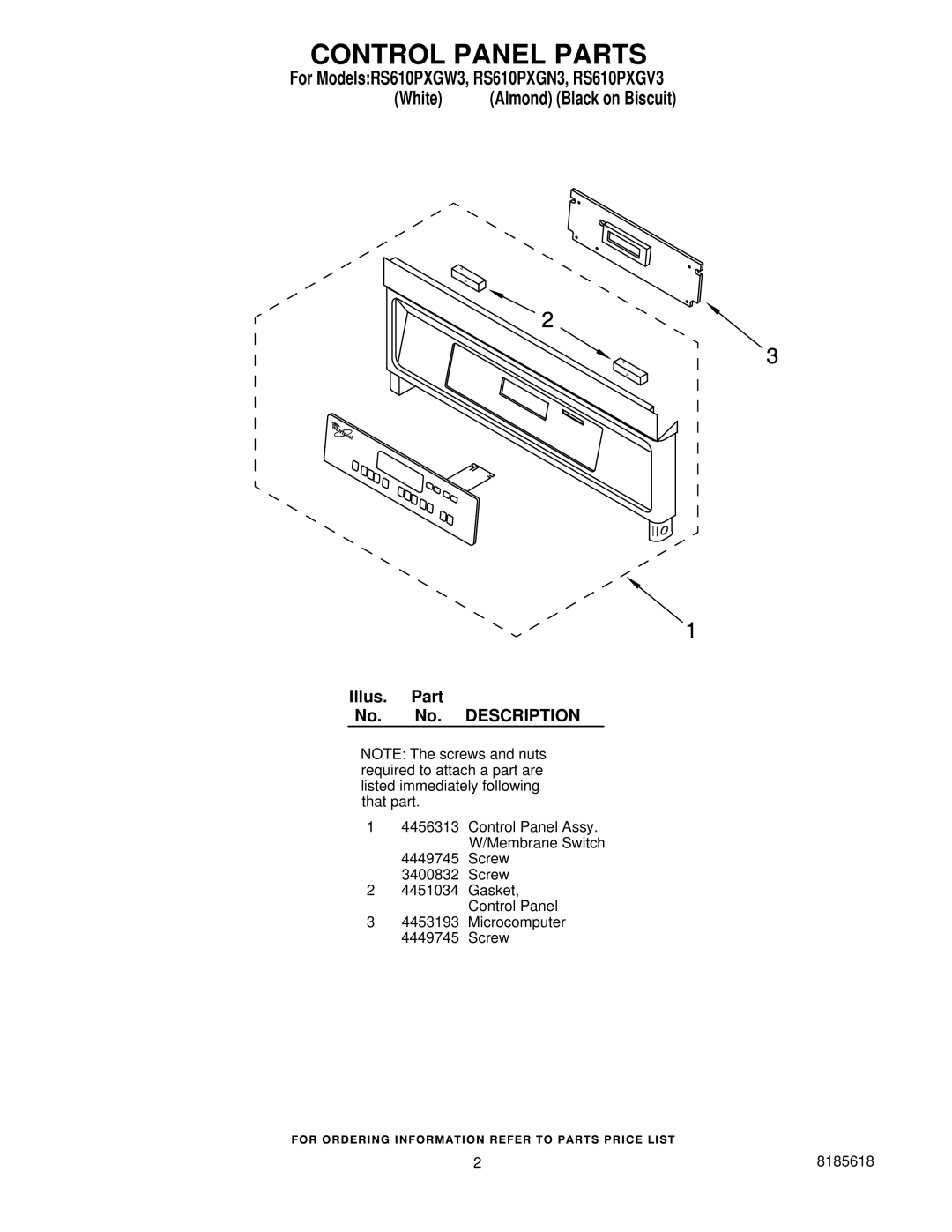 Whirlpool installation instructions Control Panel Parts, For ModelsRS610PXGW3, RS610PXGN3, RS610PXGV3 White 