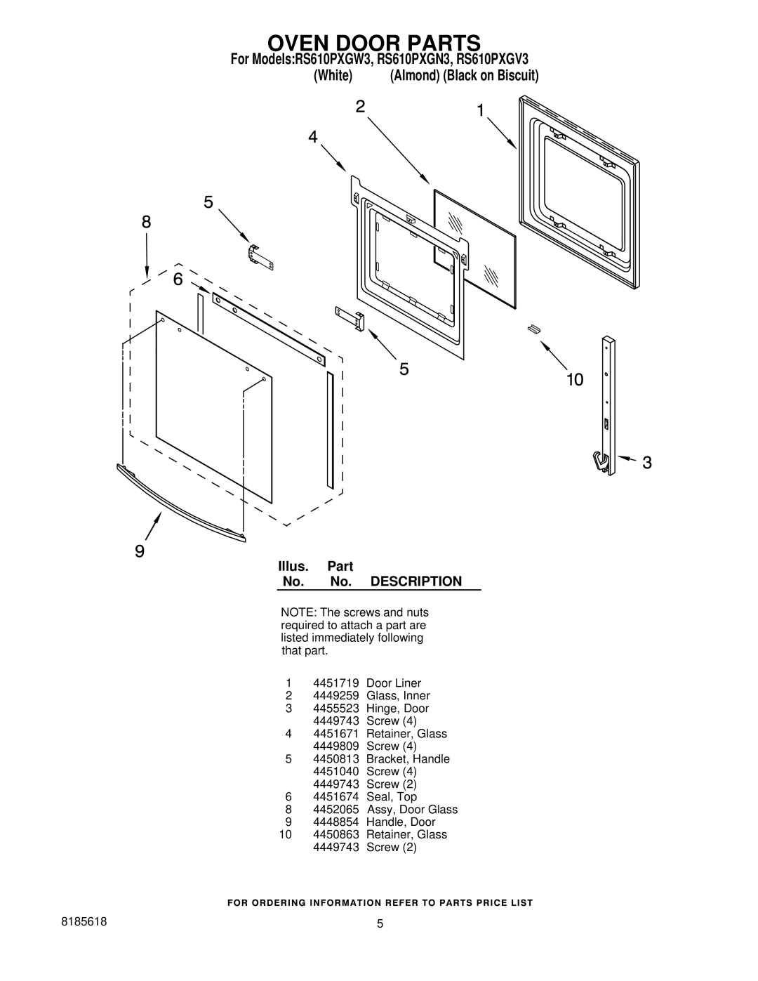 Whirlpool RS610PXGN3, RS610PXGW3, RS610PXGV3 installation instructions Oven Door Parts 