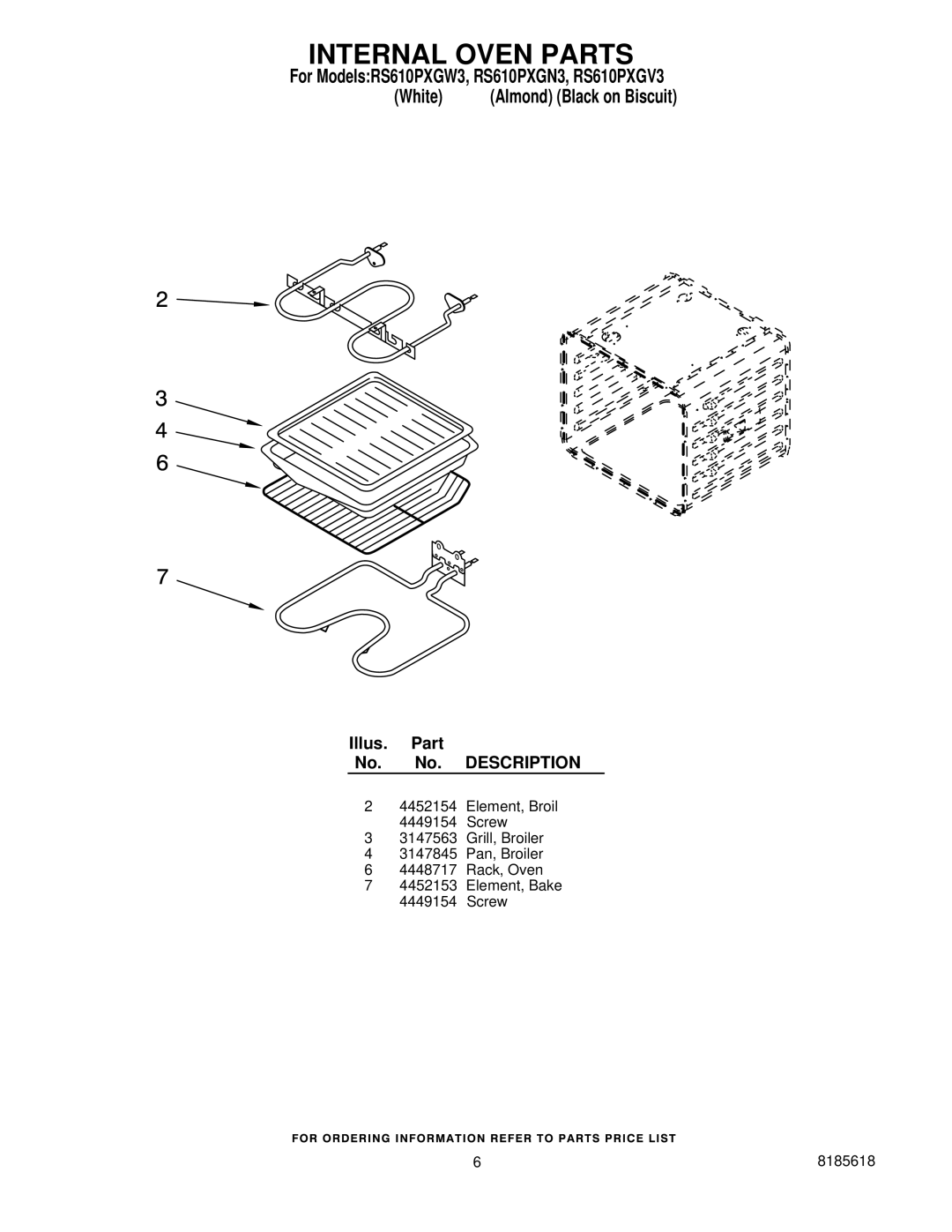 Whirlpool installation instructions Internal Oven Parts, For ModelsRS610PXGW3, RS610PXGN3, RS610PXGV3 White 