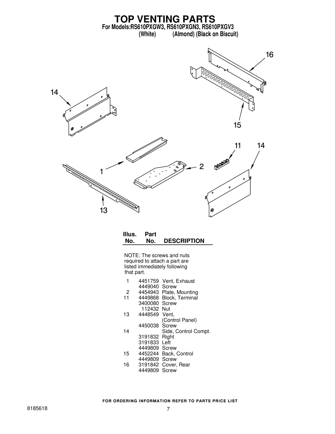 Whirlpool RS610PXGV3, RS610PXGW3, RS610PXGN3 installation instructions TOP Venting Parts 