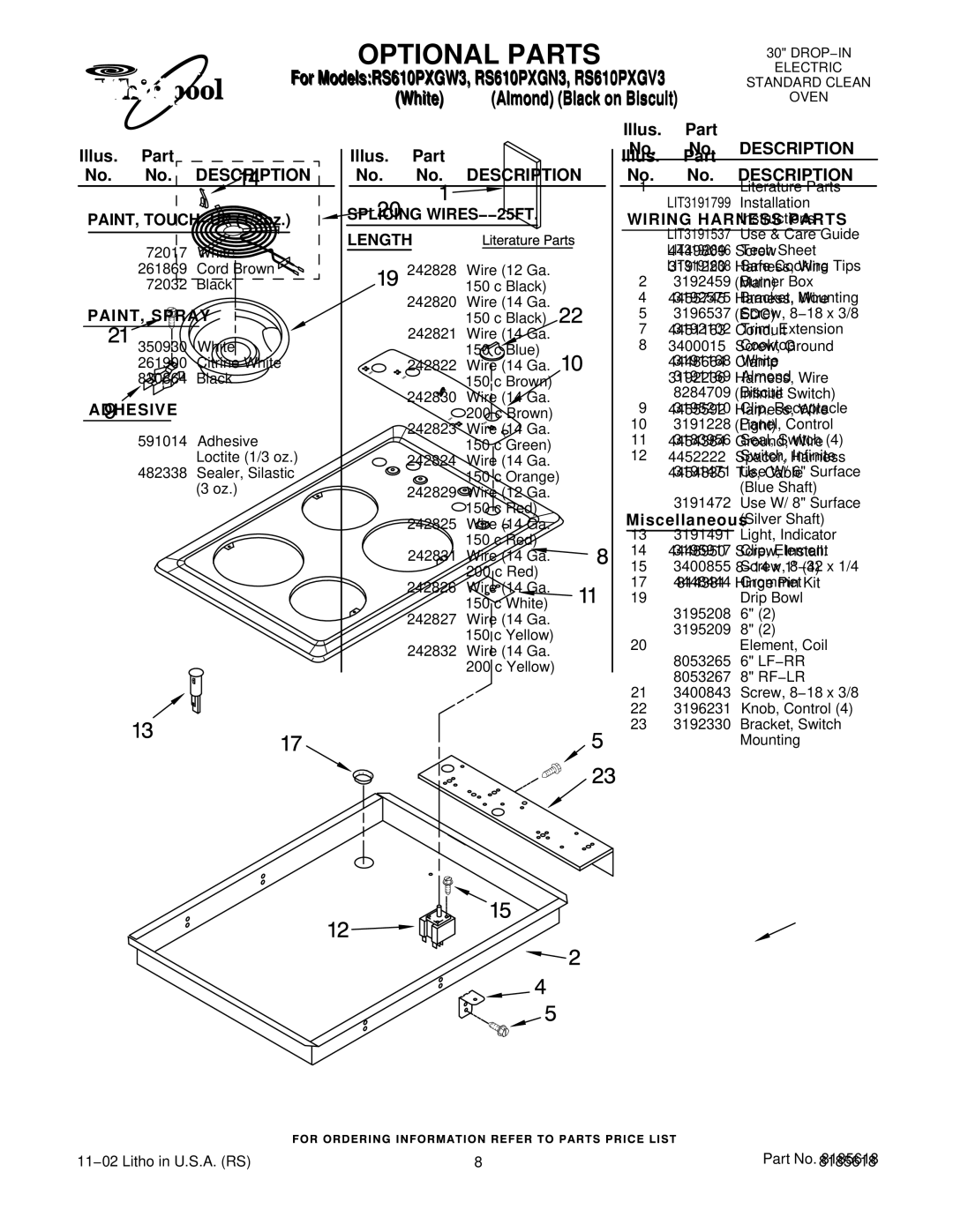 Whirlpool RS610PXGN3, RS610PXGW3 Optional Parts, PAINT, Spray, Adhesive, Splicing WIRES−−25FT Length, Wiring Harness Parts 