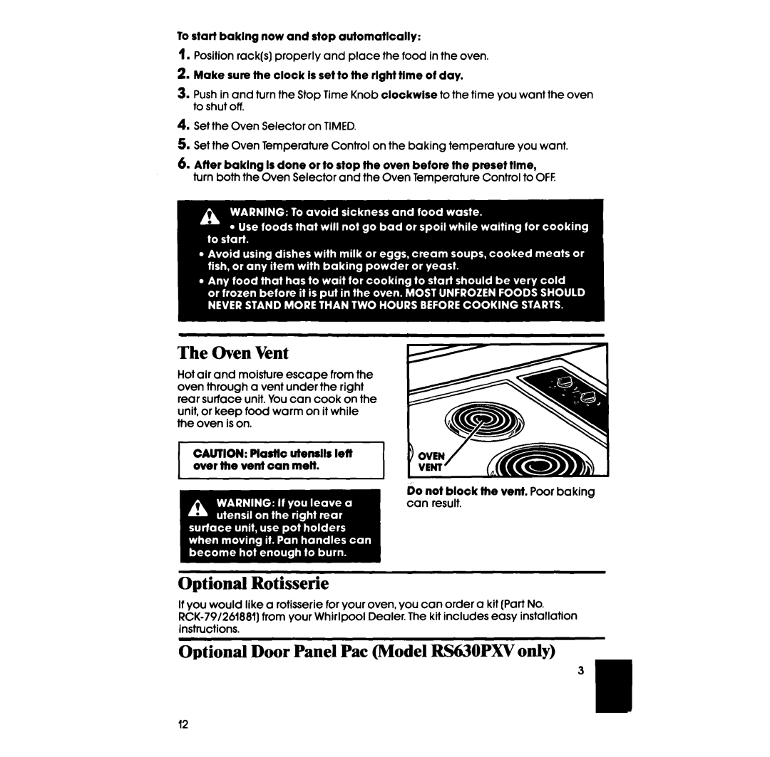 Whirlpool RS6300XV manual Oven Vent, Optional Rotisserie, Optional Door Panel Pat Model RS63OPXVonly 