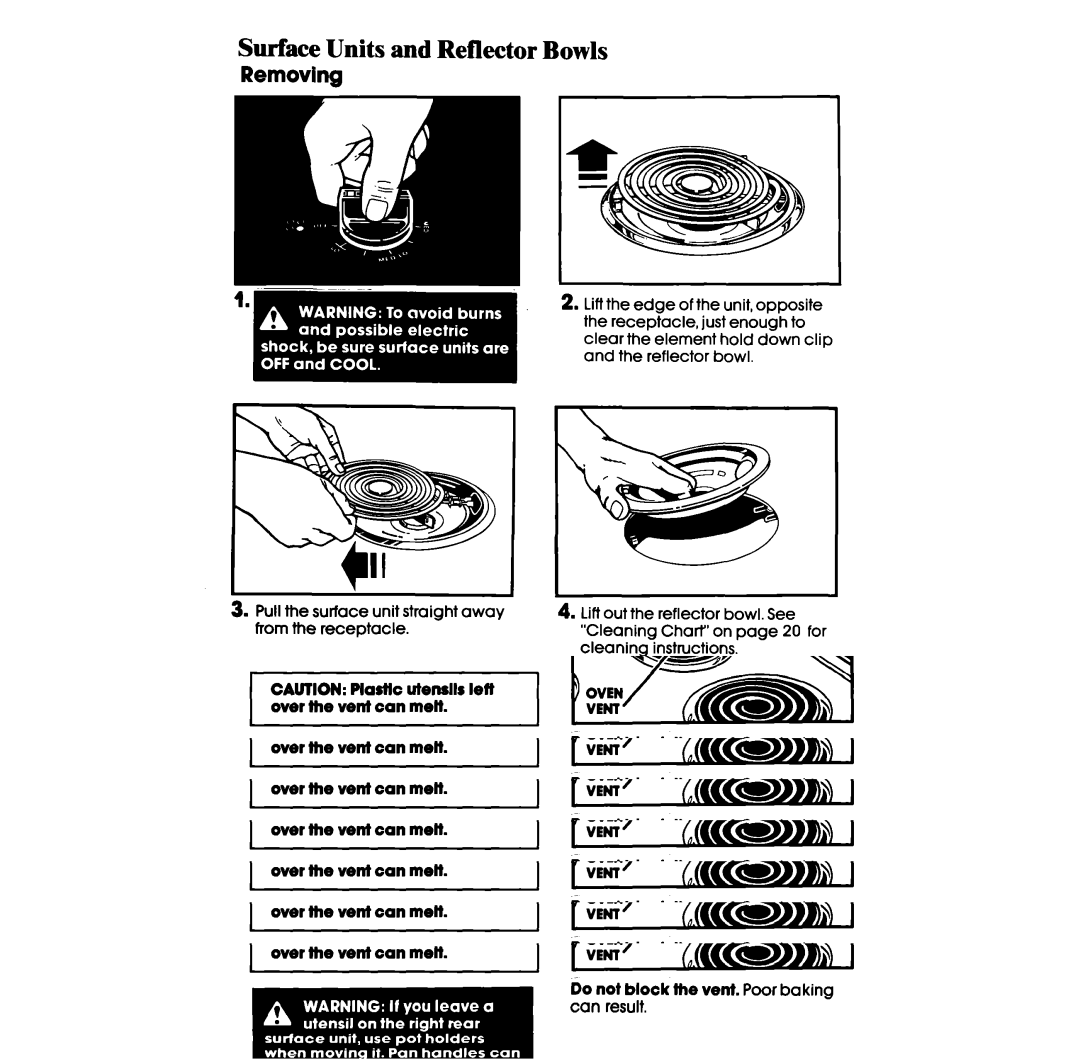 Whirlpool RS6300XV manual Surface Units and Reflector Bowls, Removing 