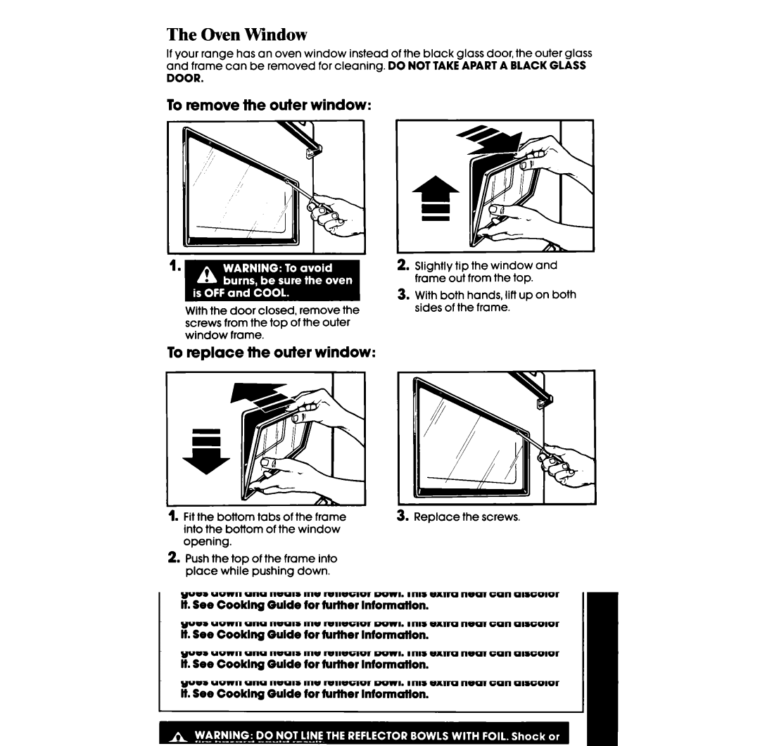 Whirlpool RS6300XV manual Oven Window, To remove the outer window, To replace the outer window, Tabs of the frame 