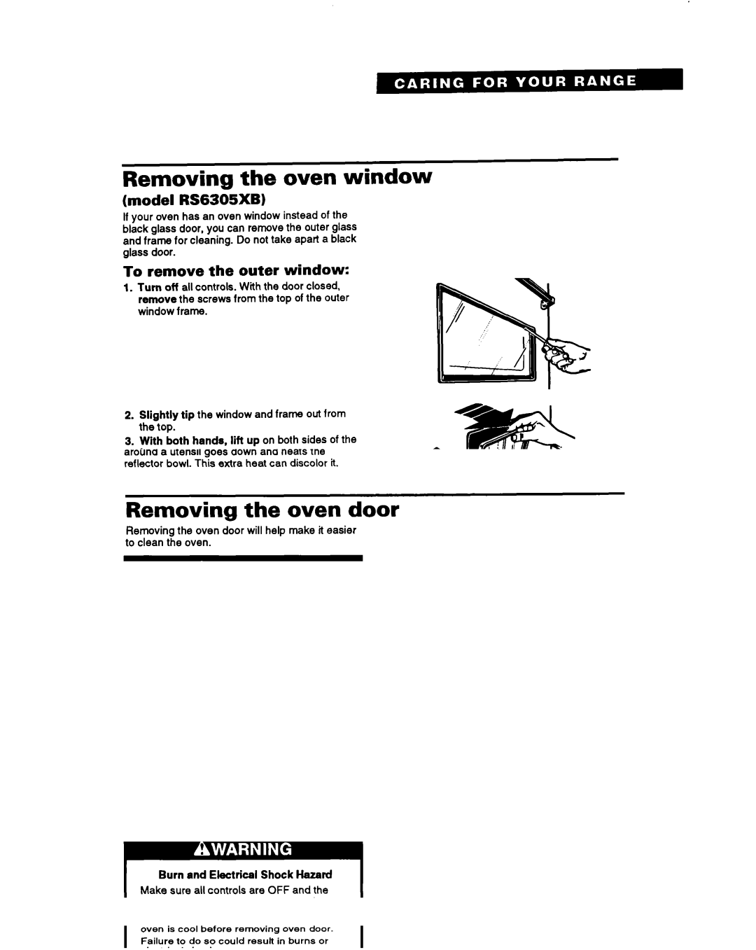 Whirlpool RS630PXB Removing the oven window, Model RS6305XB, To remove the outer window, To replace the outer window 