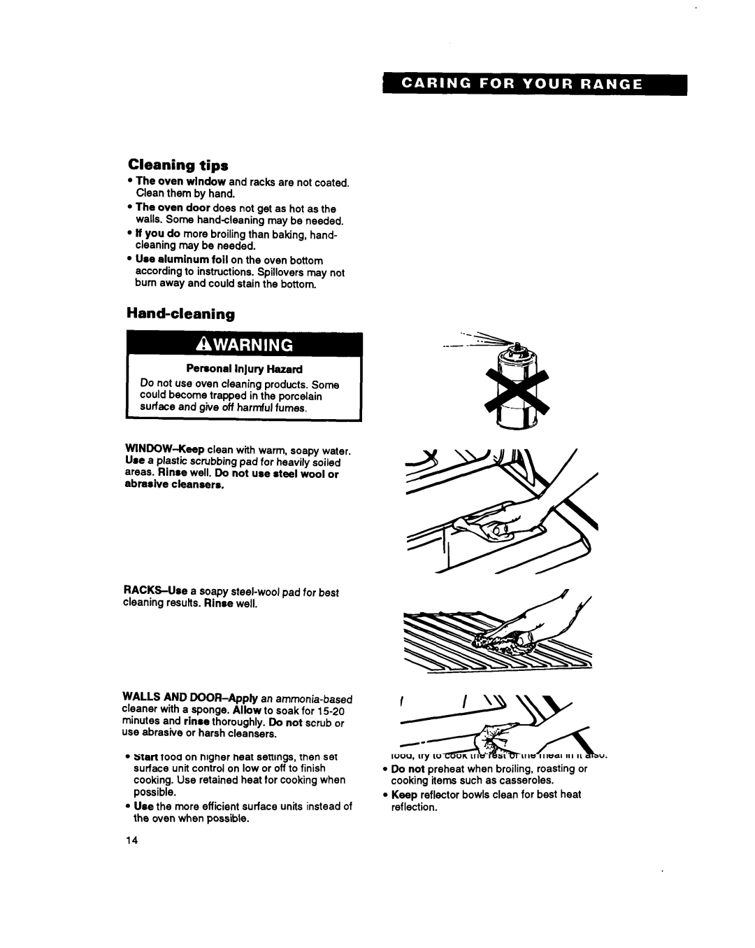 Whirlpool RS630PXB, RS6305XB warranty Cleaning tips, Hand-cleaning 