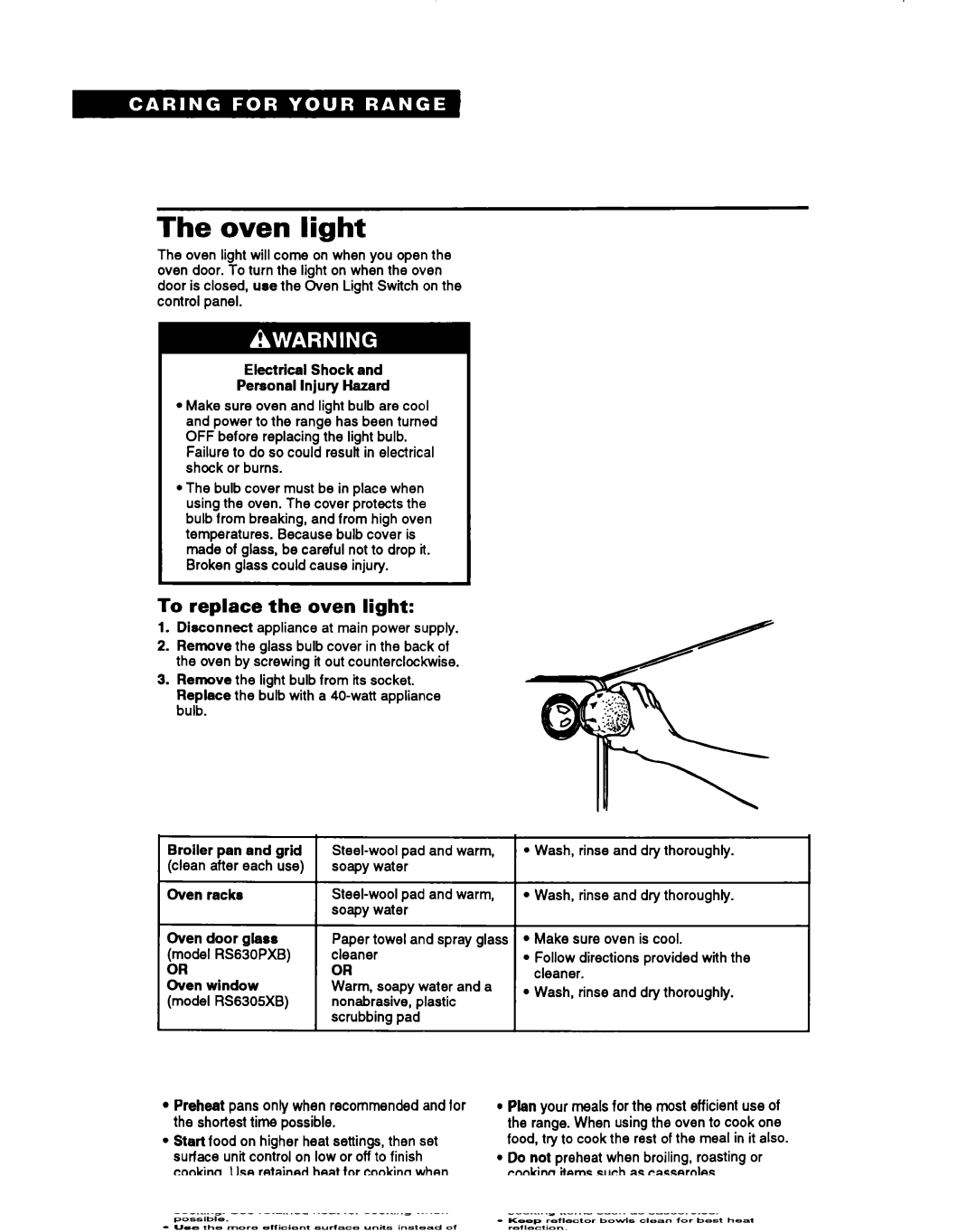 Whirlpool RS6305XB, RS630PXB warranty Oven light, To replace the oven light 