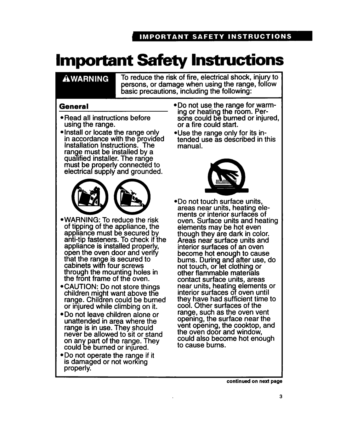 Whirlpool RS630PXB, RS6305XB warranty Important Safety Instructions, General 