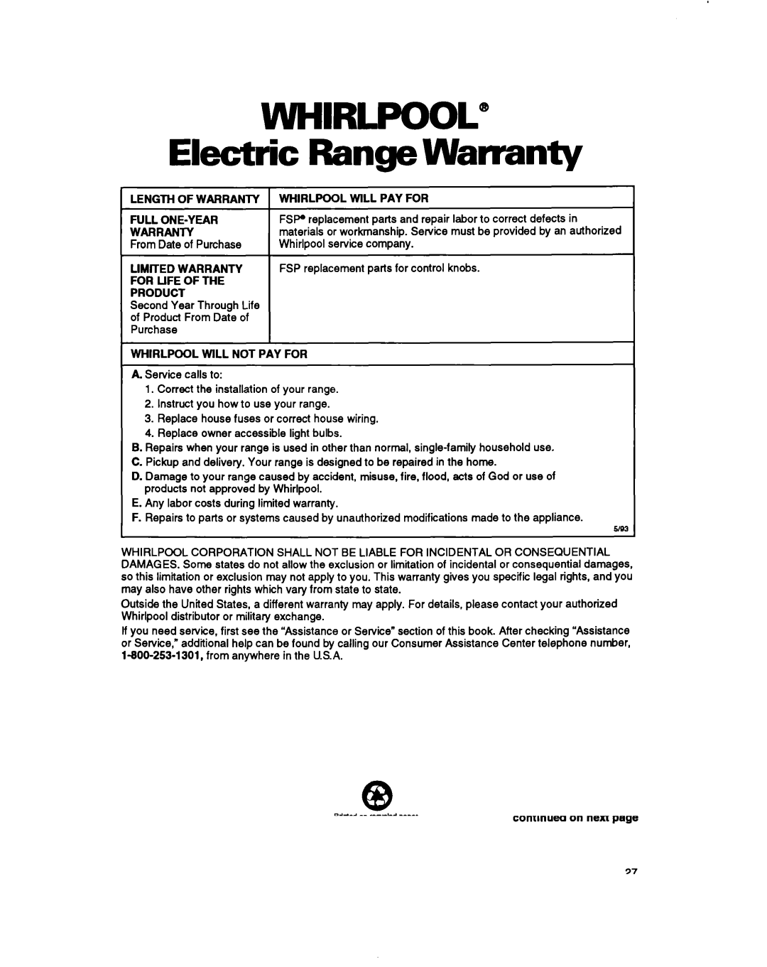 Whirlpool RS6305XB, RS630PXB warranty Electric Range Warranty, Length of Warranty, For Life Product 