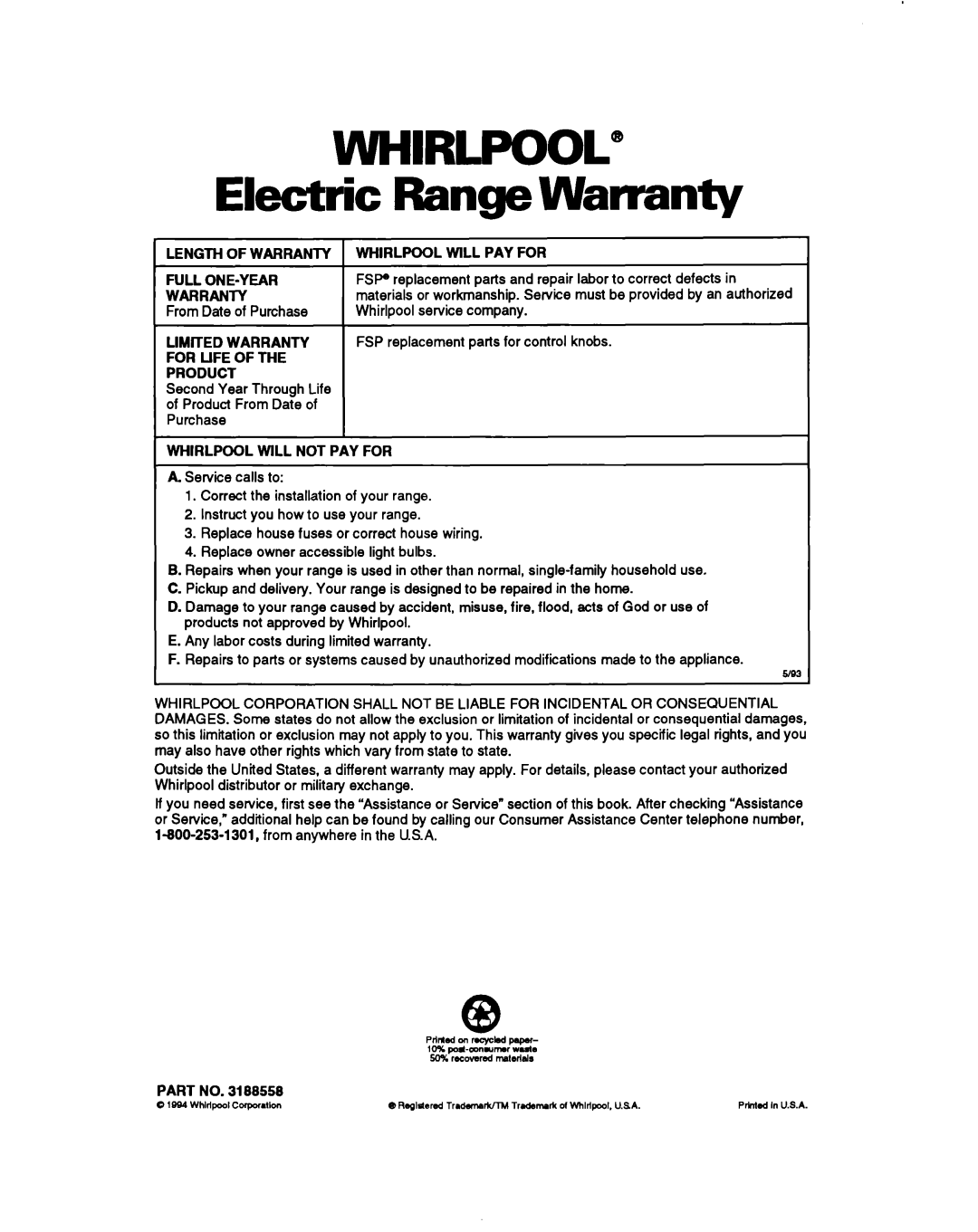 Whirlpool RS6305XB, RS630PXB warranty WHIRLPOOL” Electric Range Warranty 