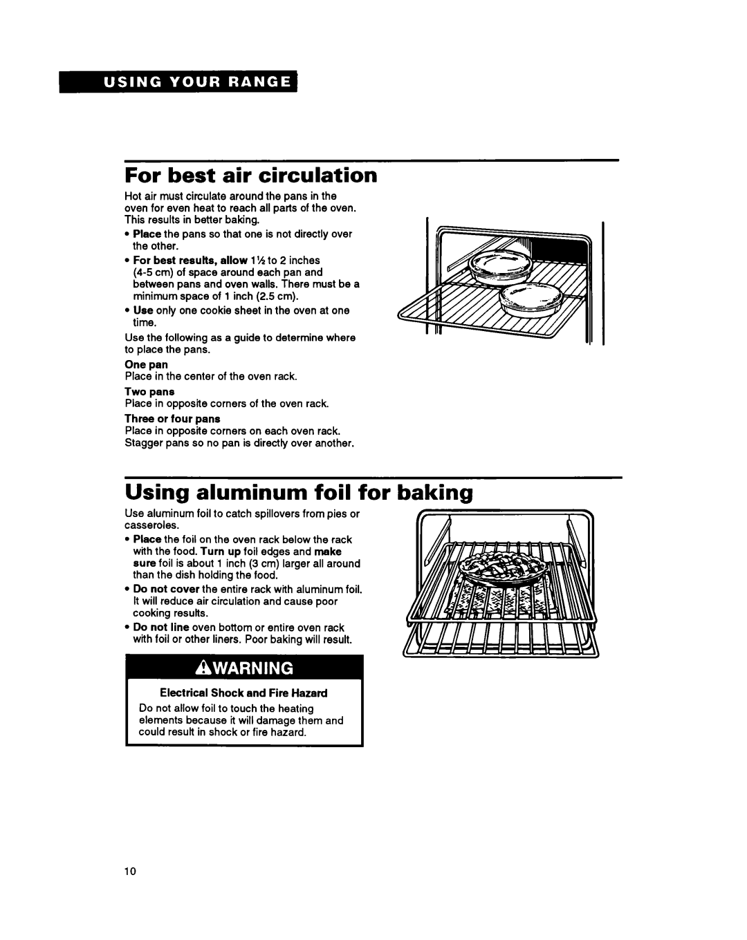 Whirlpool RS630PXY, RS6305XY warranty For best air circulation, Using aluminum foil for baking 