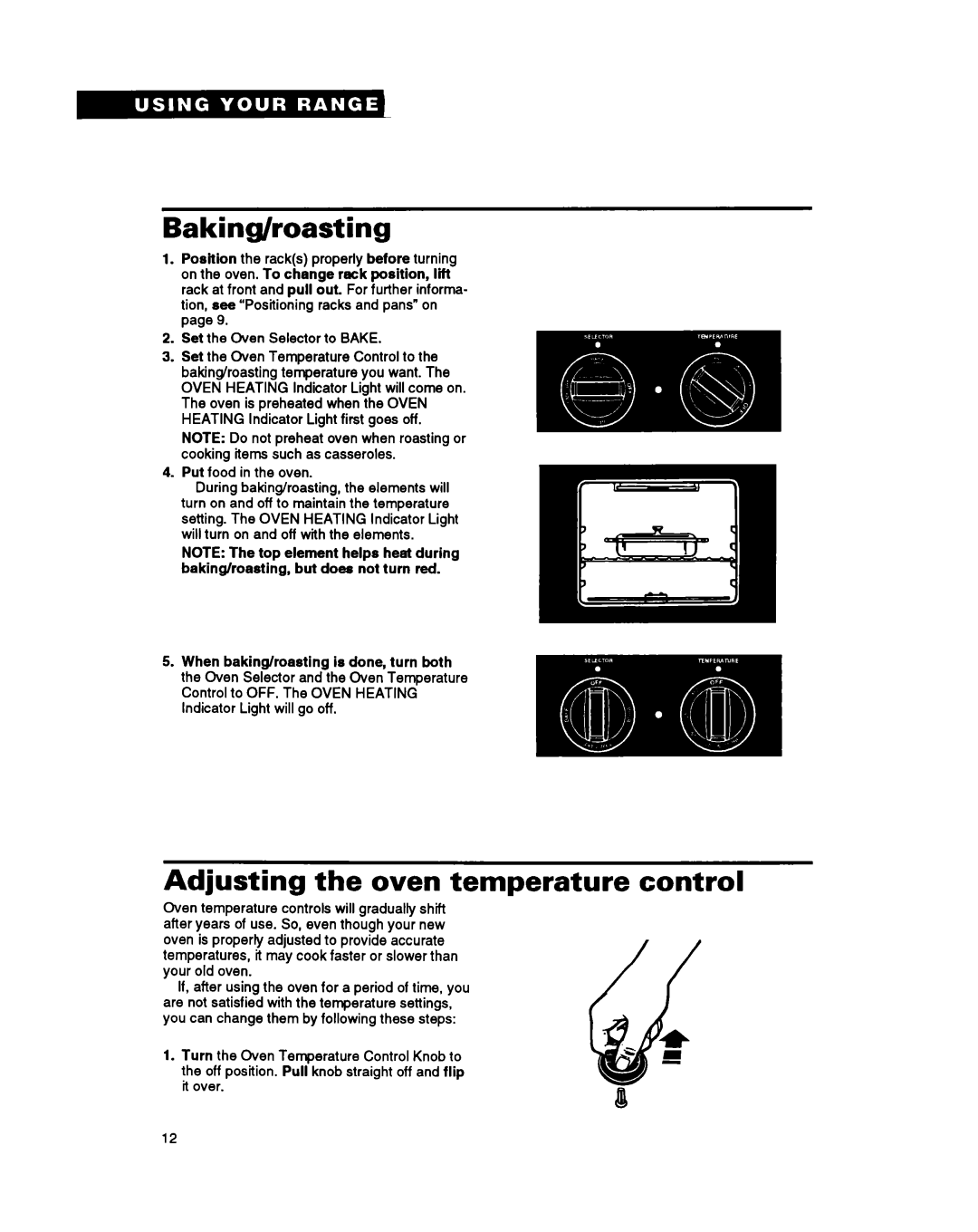 Whirlpool RS630PXY, RS6305XY warranty Baking/roasting, Adjusting the oven temperature control 