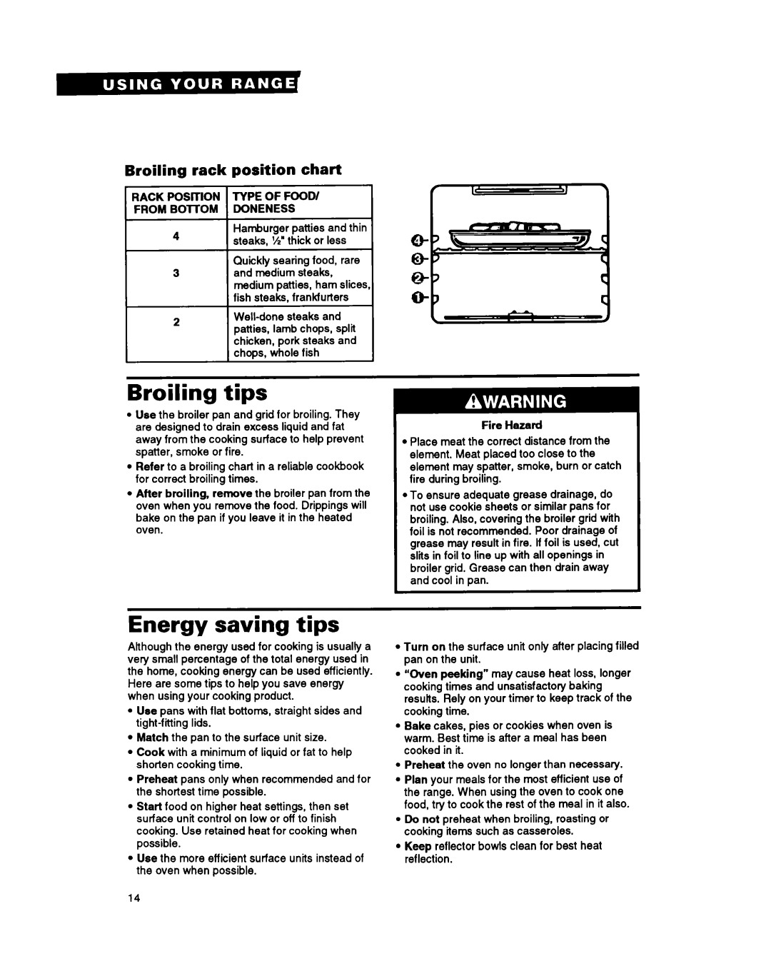 Whirlpool RS630PXY, RS6305XY Broiling tips, Energy saving tips, Broiling rack, Position chart, Type of Food Doneness 