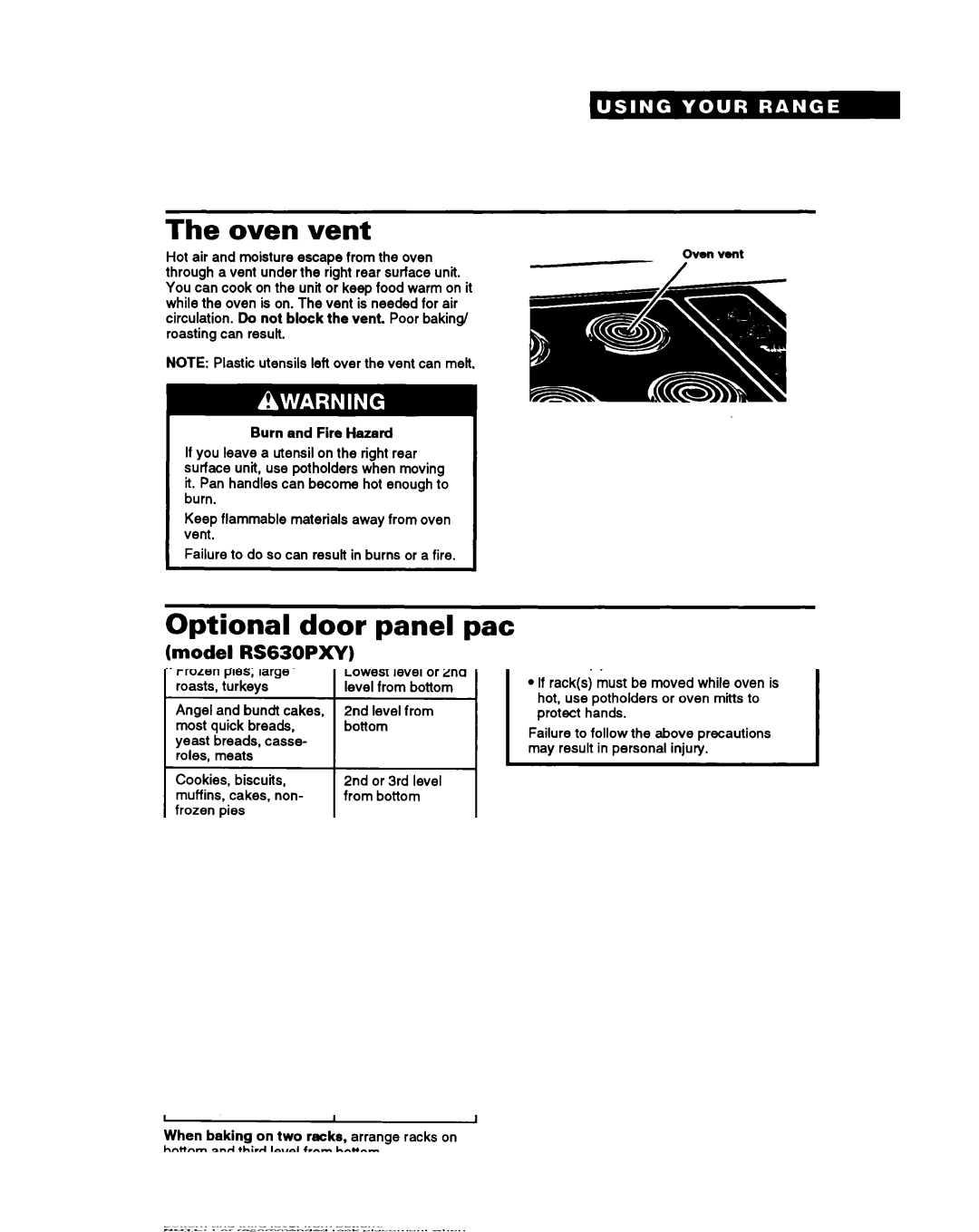 Whirlpool RS6305XY warranty Oven vent, Optional door panel pat, Model RS630PXY 