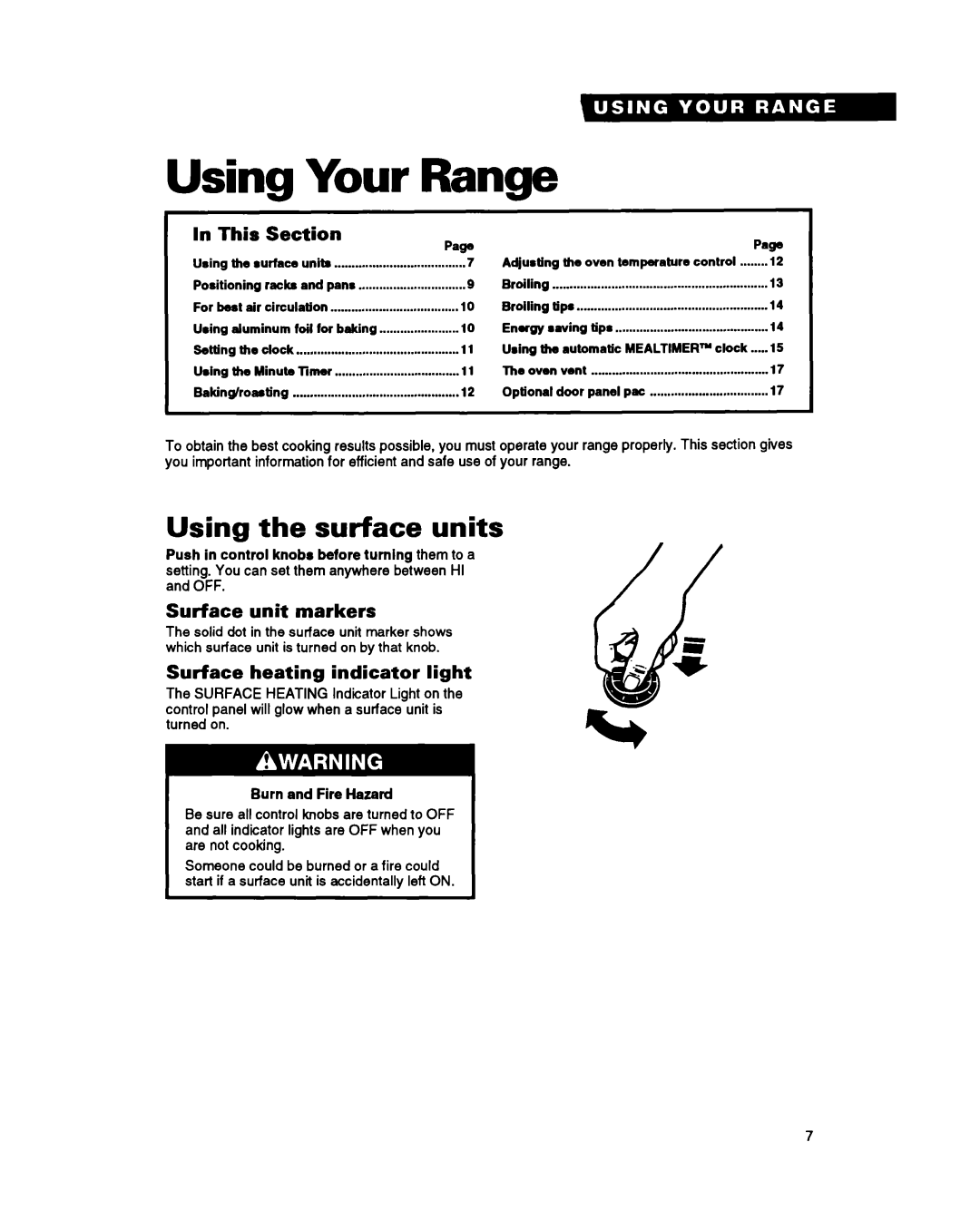 Whirlpool RS6305XY, RS630PXY Using the surface units, This Section, Surface unit markers, Surface heating indicator light 