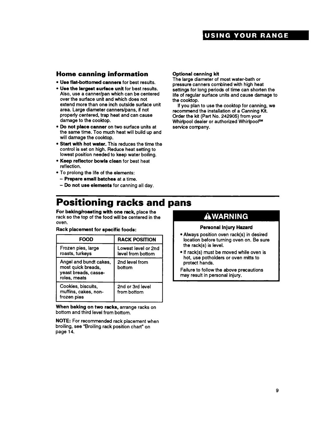 Whirlpool RS6305XY, RS630PXY warranty Positioning racks, Pans, Home canning information, Food Rack 