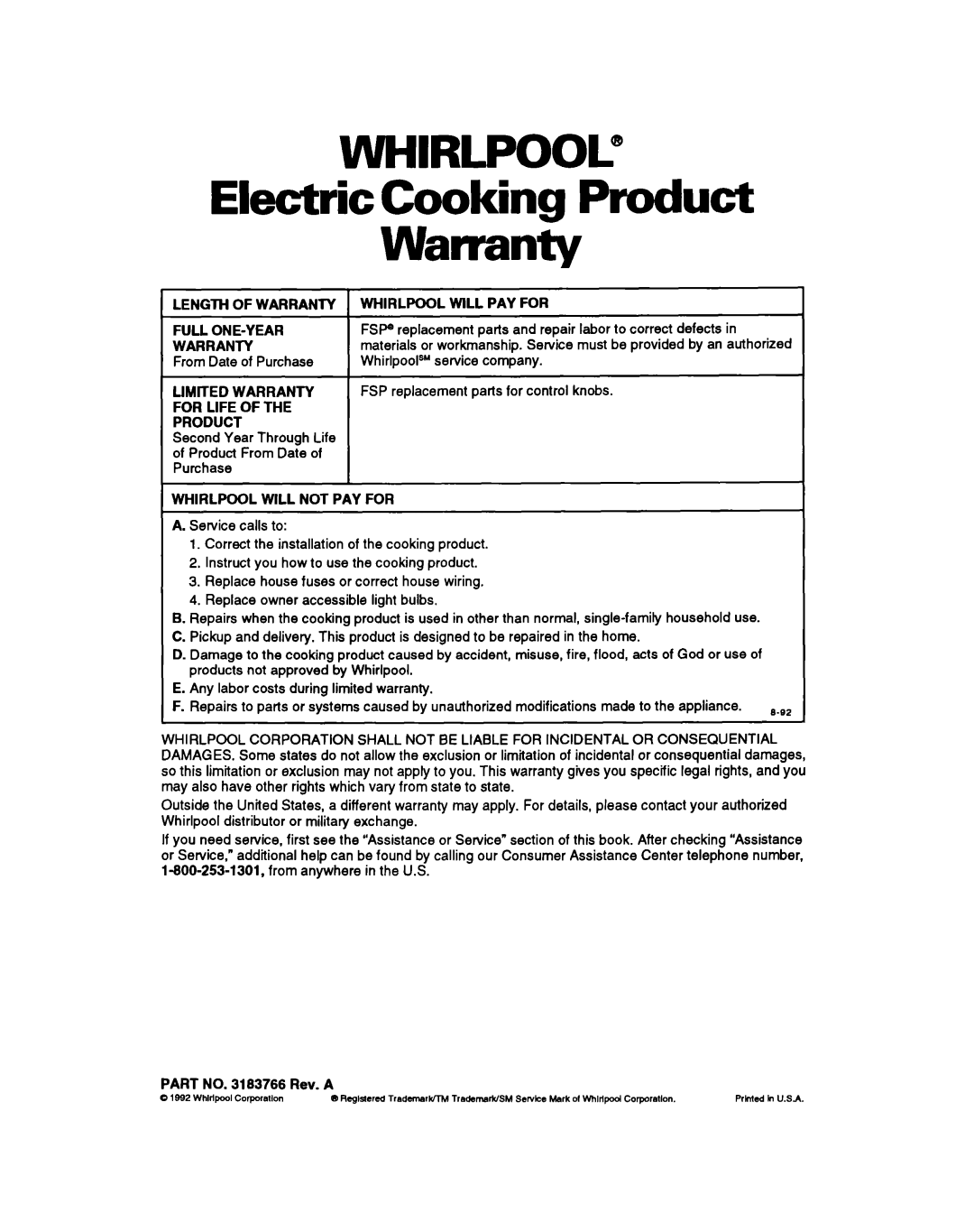 Whirlpool RS630PXY, RS6305XY warranty WHIRLPOOL@ Electric Cooking Product, Warranty 