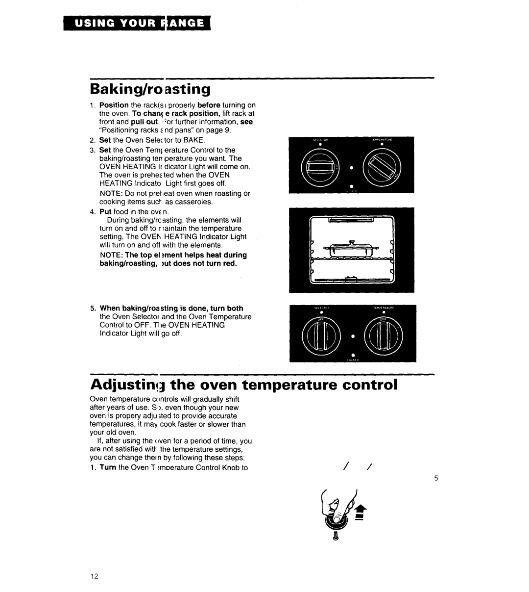 Whirlpool RS6606XY warranty Baking/roasting, Adjusting the oven temperature control 