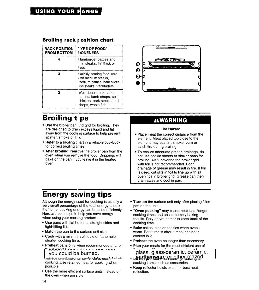 Whirlpool RS6606XY warranty Broiling tips, Energy swing tips, Rack Position Chart, YPE of Food, ?Ss 