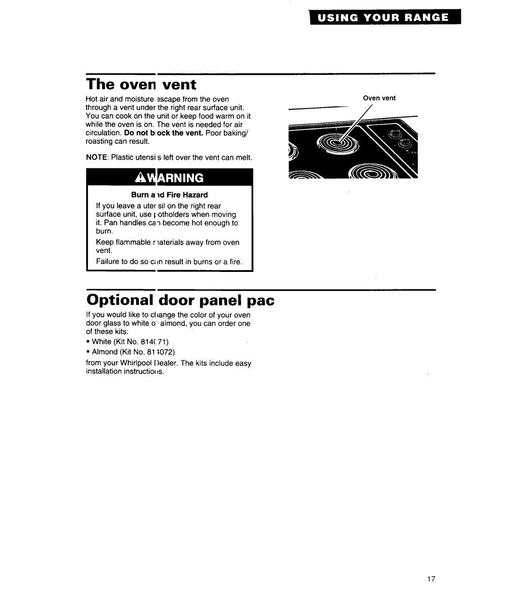 Whirlpool RS6606XY warranty Oven vent, Optional door panel pat 