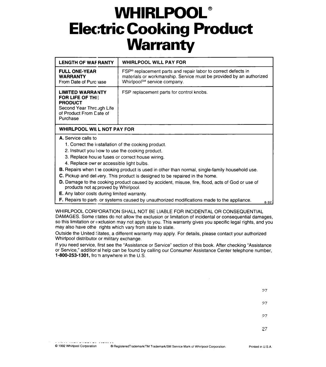 Whirlpool RS6606XY warranty Electric Cooking Product Warranty, Length of WAF Ranty, Whirlpool will PAY for 