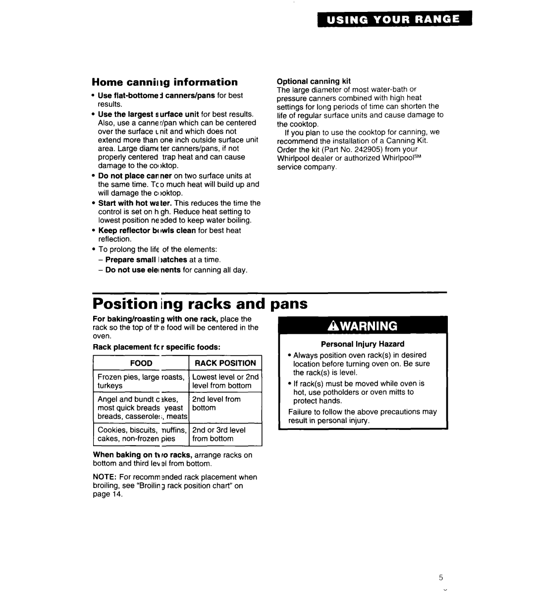 Whirlpool RS6606XY warranty Positioning racks, Pans, Home cannhrg information, Rack Position 