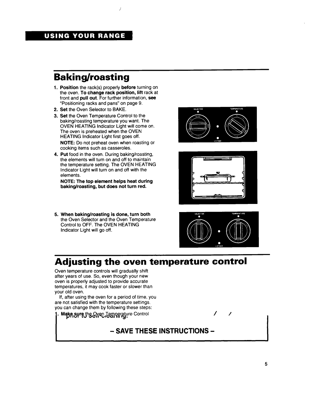 Whirlpool RS660BXB important safety instructions Baking/roasting, Adjusting the oven temperature control 