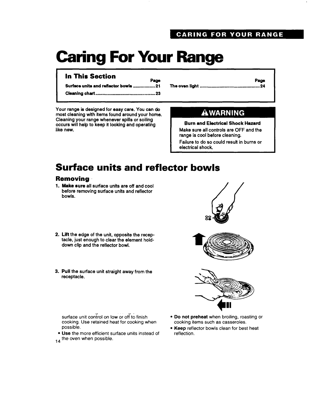 Whirlpool RS660BXB important safety instructions Caring For Your Range, Surface units and reflector bowls, Removing 