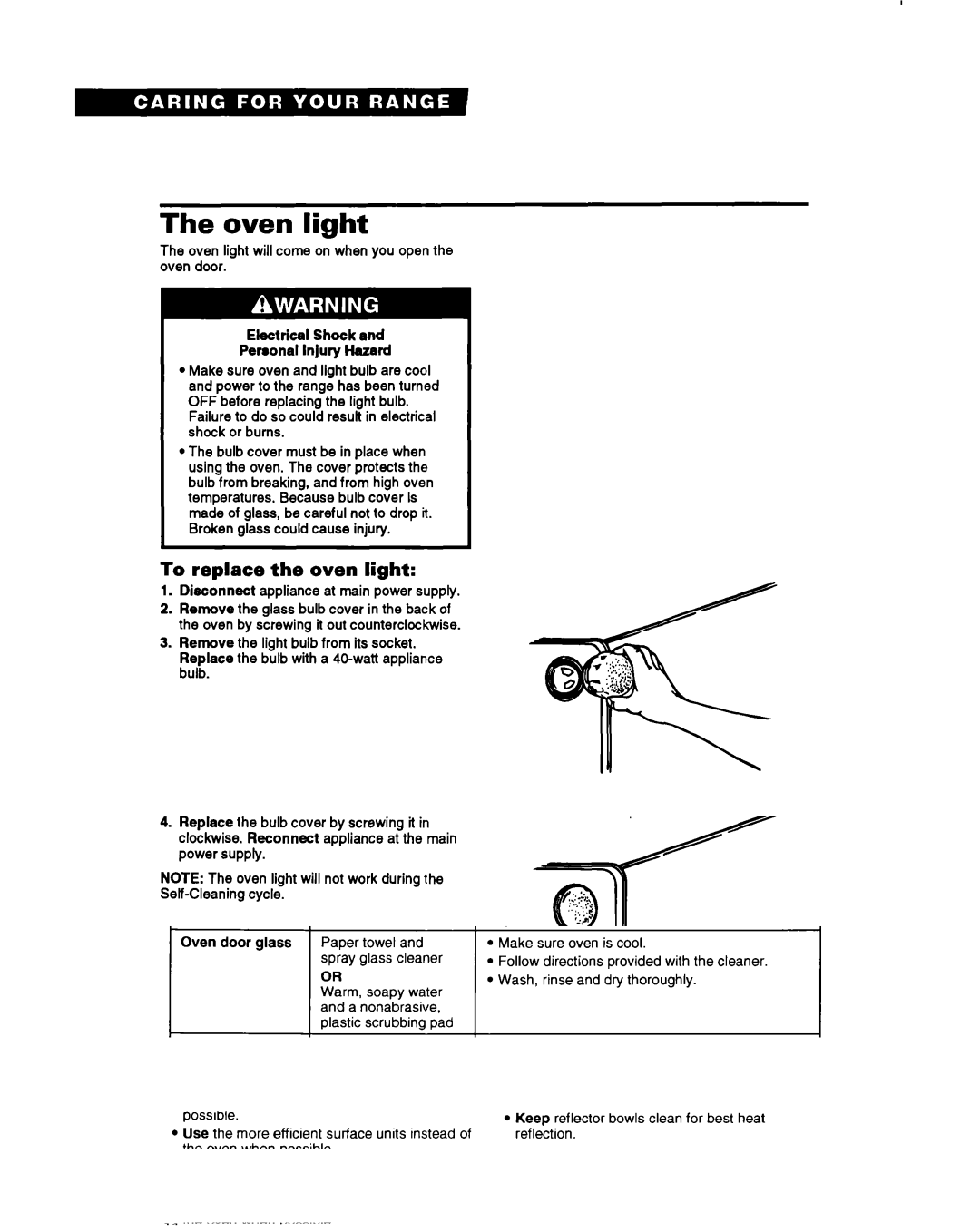 Whirlpool RS660BXB important safety instructions Oven light, To replace the oven light 