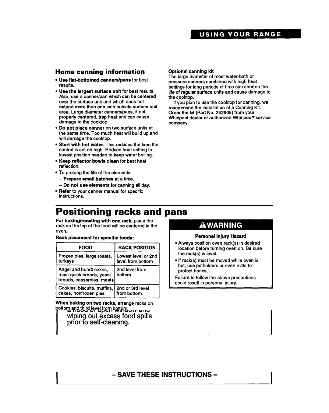 Whirlpool RS660BXB important safety instructions Positioning racks, Pans, Home canning information, Rack 