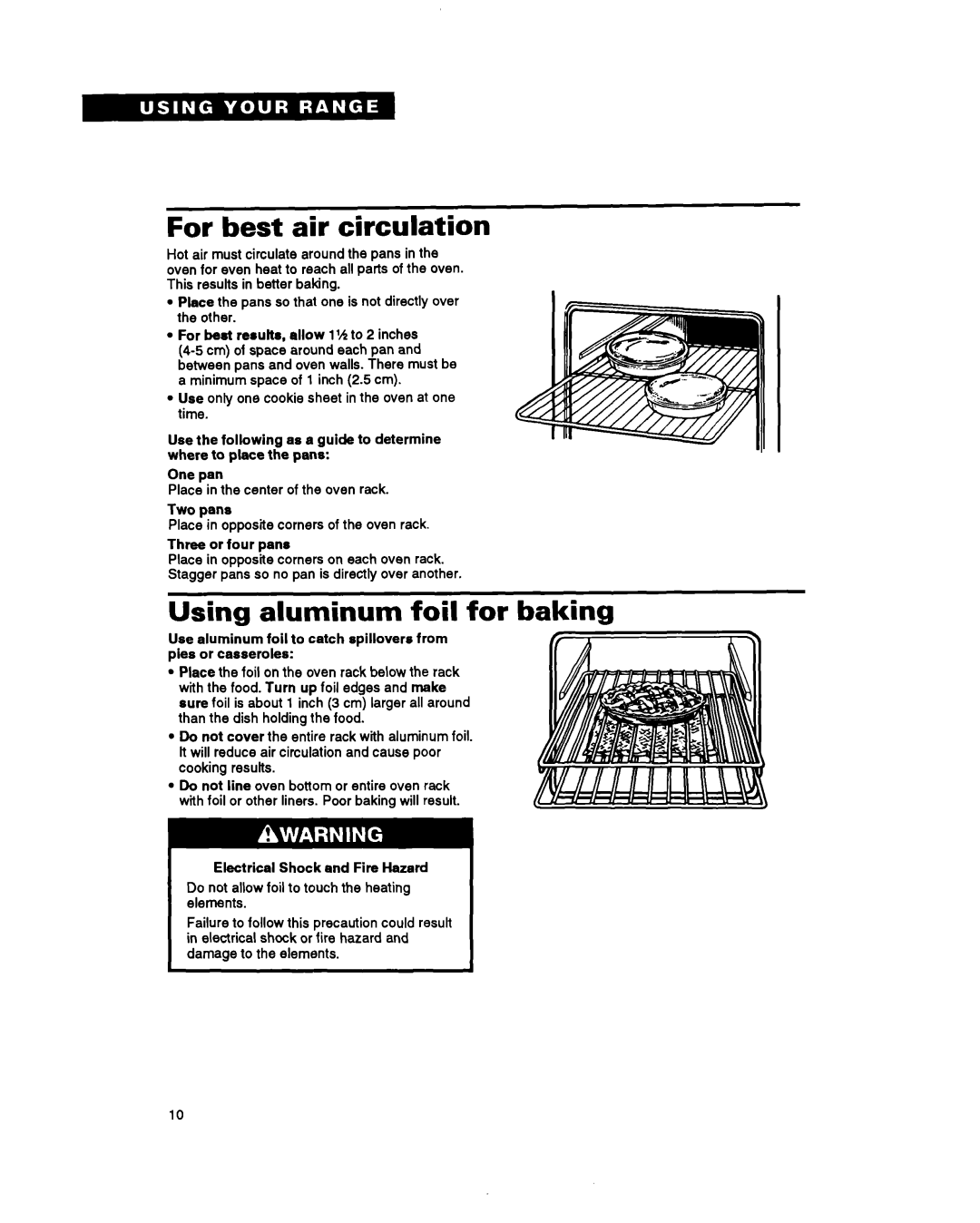 Whirlpool RS660BXB important safety instructions For best air circulation, Using aluminum foil for baking 