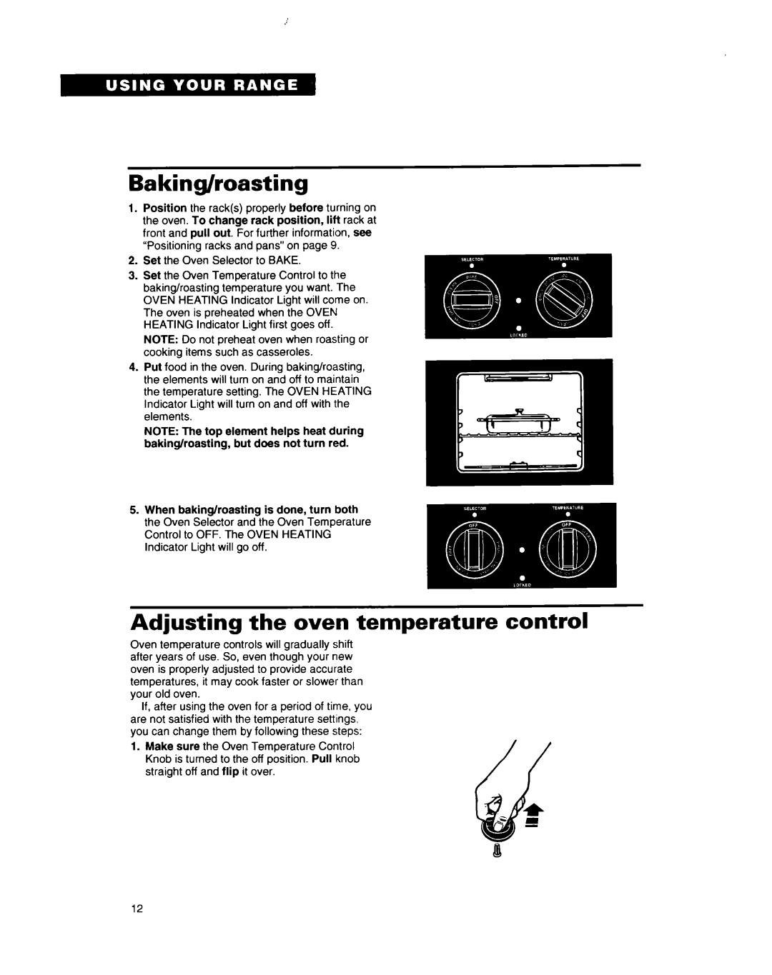Whirlpool RS660BXB important safety instructions Baking/roasting, Adjusting the oven temperature control 