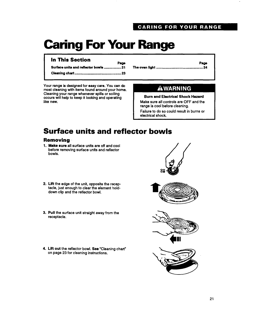 Whirlpool RS660BXB Caring For Your Range, Surface units and reflector bowls, In This Section Paw, Page, Removing 