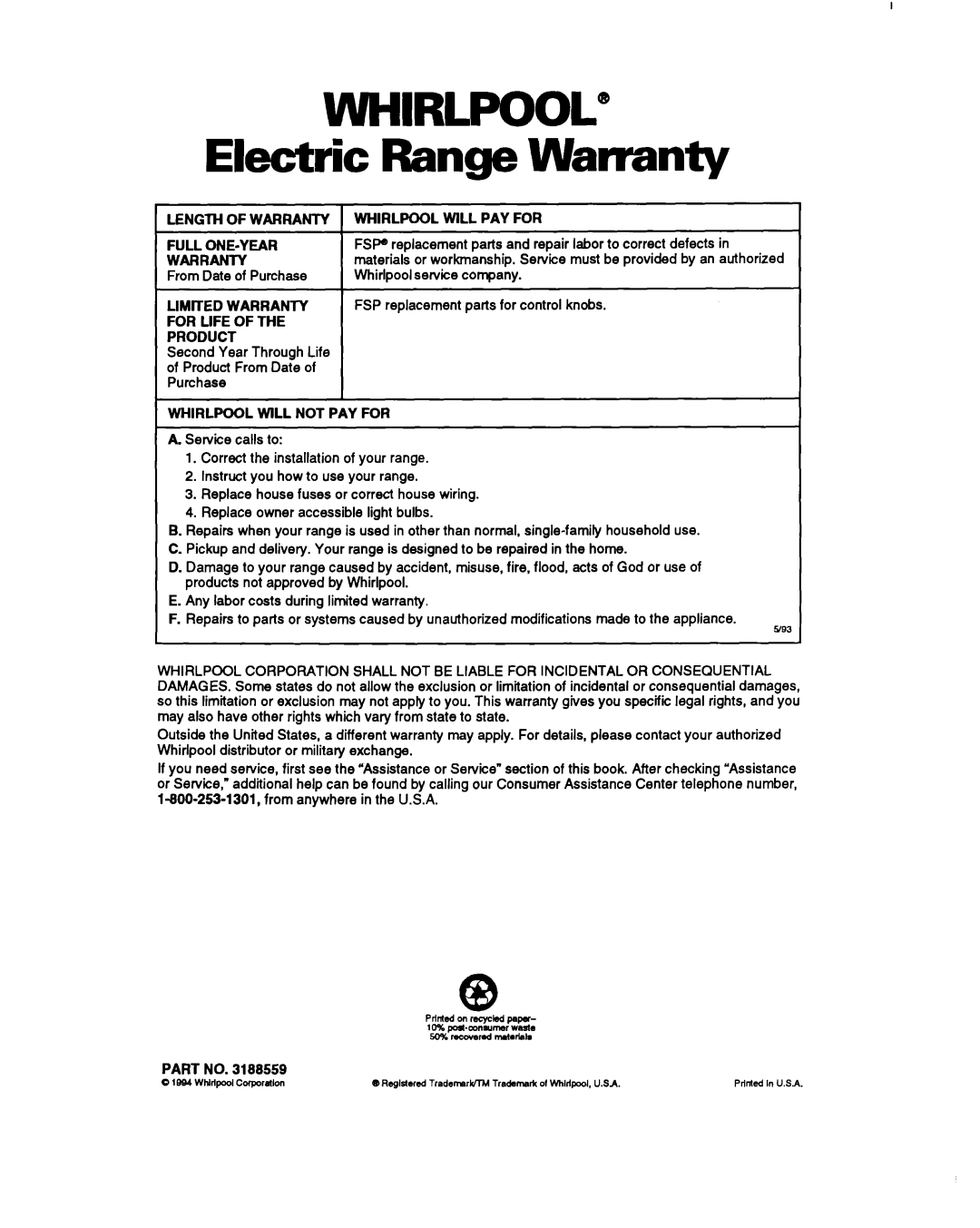 Whirlpool RS660BXB important safety instructions WHIRLPOOL” Electric Range Warranty 