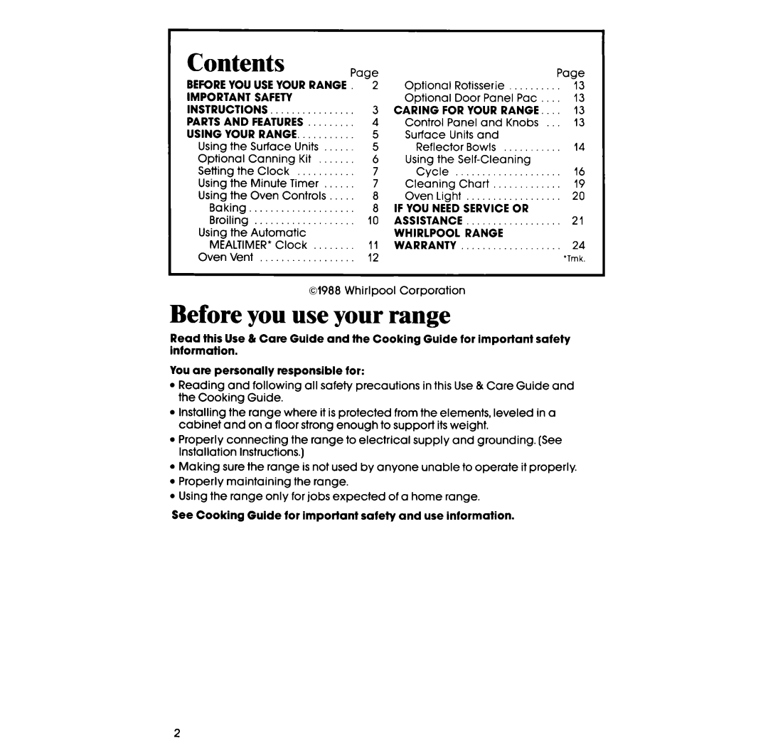 Whirlpool RS660BXV manual Contents, Before you use your range 