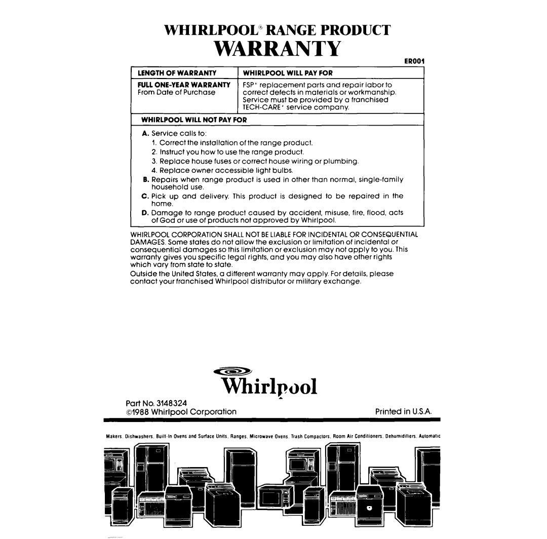 Whirlpool RS660BXV manual Warranty, Whirlpool” Range Product 