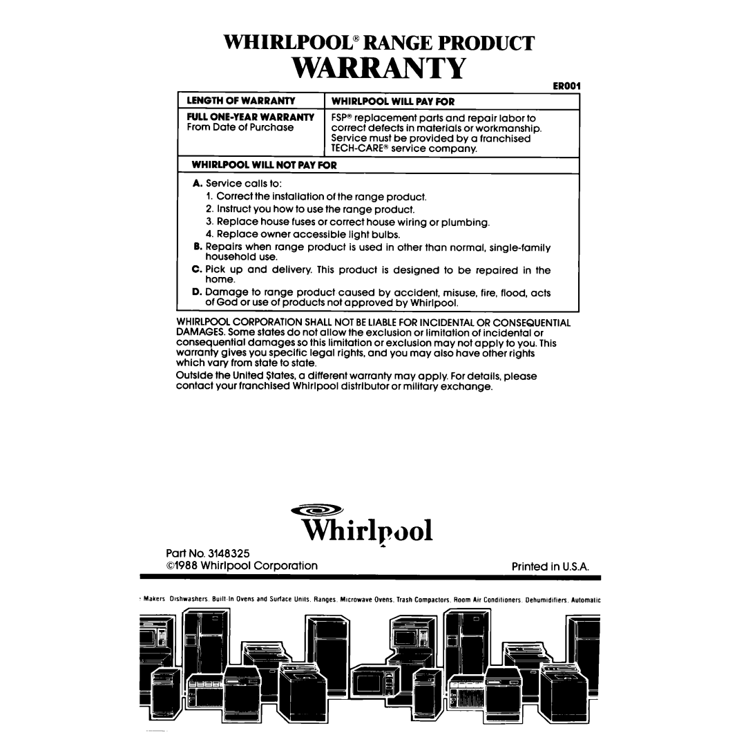 Whirlpool RS6700XV, RS670PXV manual W-Ty, Whirlpool@ Range Product 