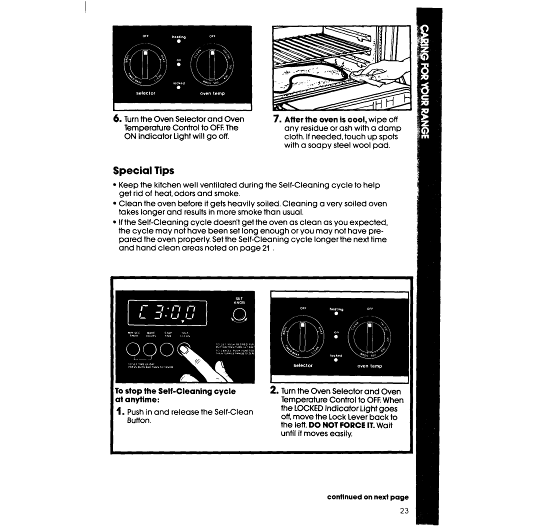 Whirlpool RS675PW manual Special lips, Push in and release the Self-Clean Button 