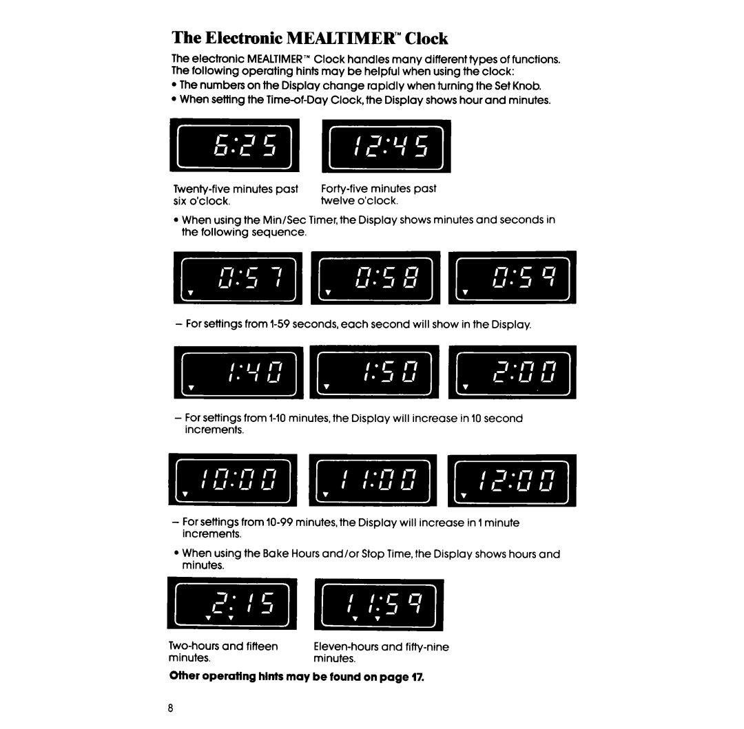 Whirlpool RS675PW manual Electronic MEALTIMER’ Clock, Minutes 