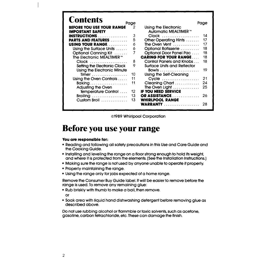 Whirlpool RS675PW manual Contents, Before you use your range 