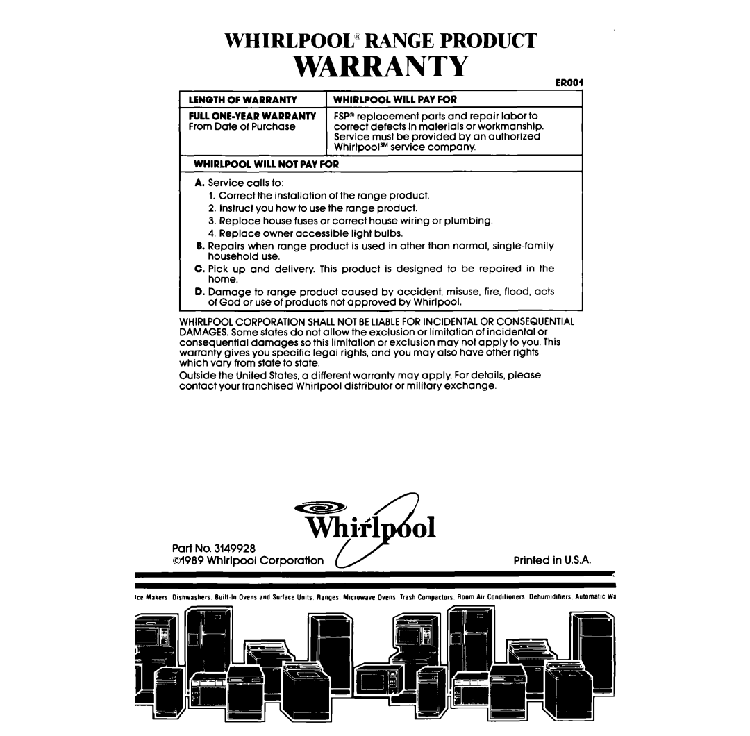 Whirlpool RS675PW manual Warranty, Whirlpool” Range Product 