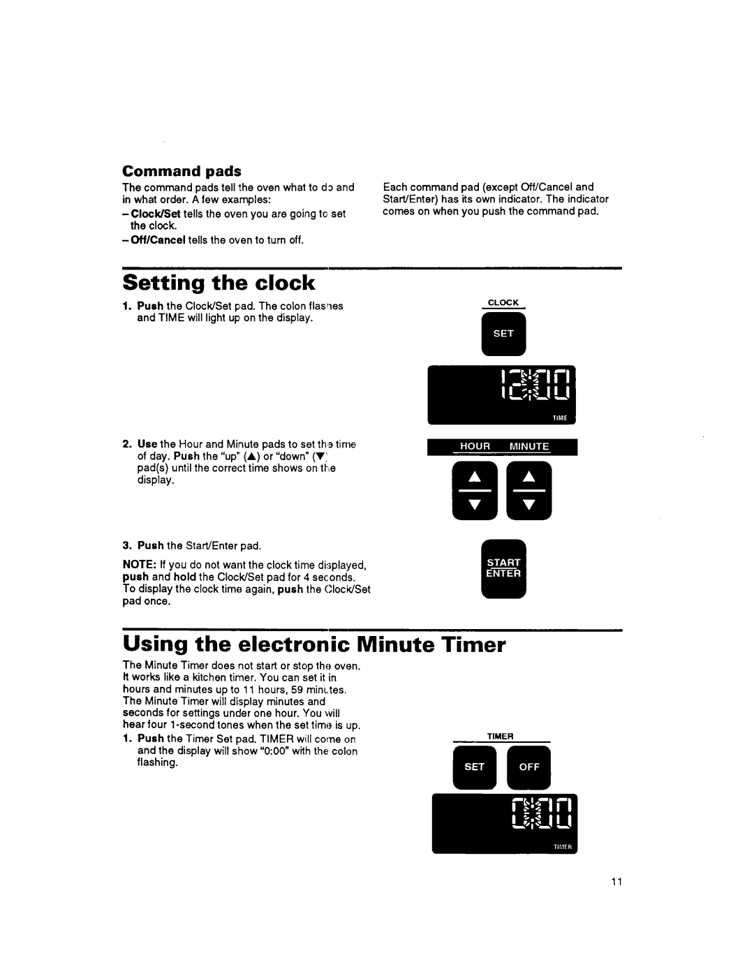 Whirlpool RS6755XB, RS675PXB warranty Setting the clock, Using the electronic Minute, Timer, Command pads 