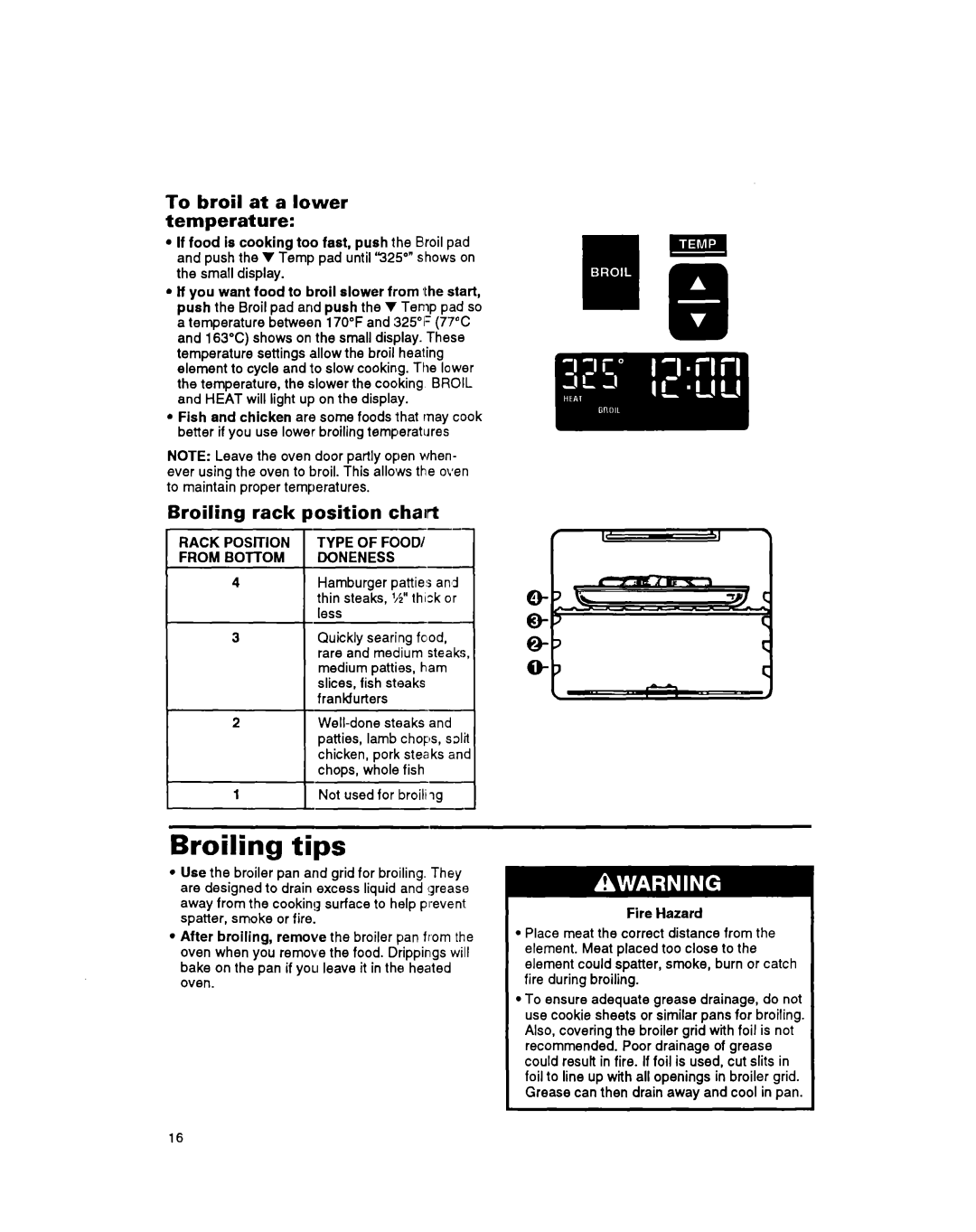 Whirlpool RS675PXB Broiling tips, To broil at a lower temperature, Broiling rack, Position chart, Type of Food Doneness 