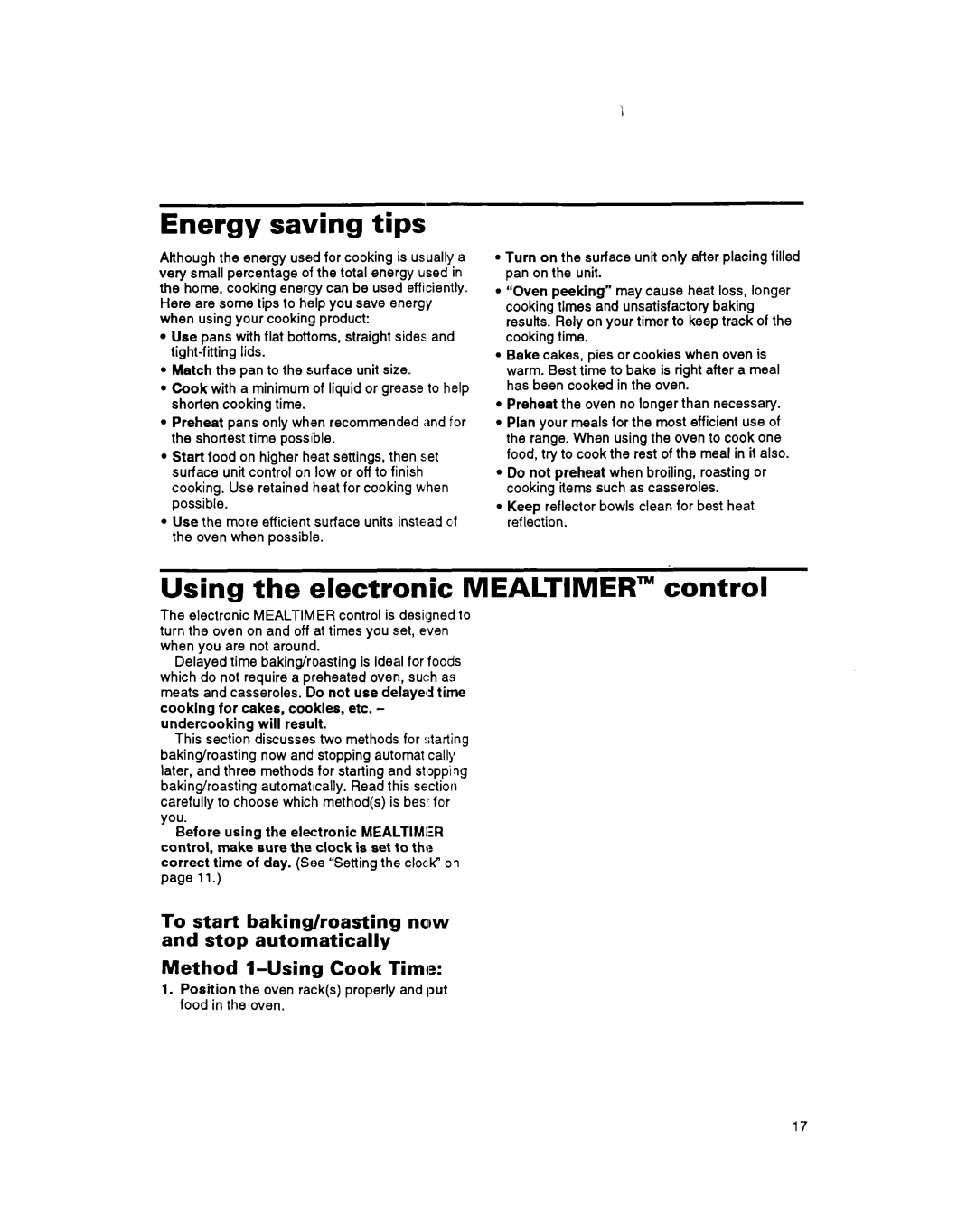 Whirlpool RS6755XB, RS675PXB warranty Energy saving tips, Using the electronic MEALTIMERm control 