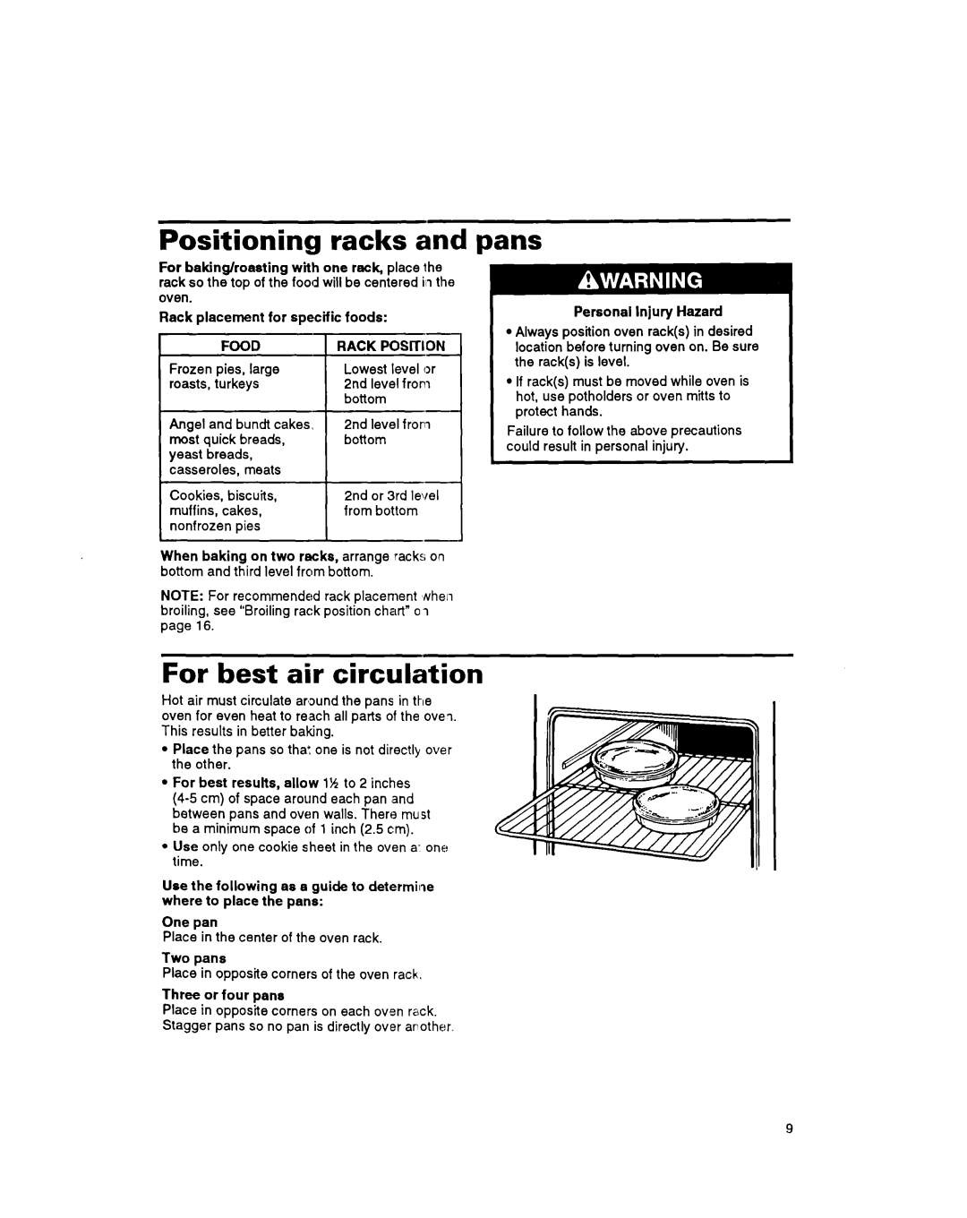 Whirlpool RS6755XB, RS675PXB warranty Positioning racks, For best air circulation, Pans, Food 