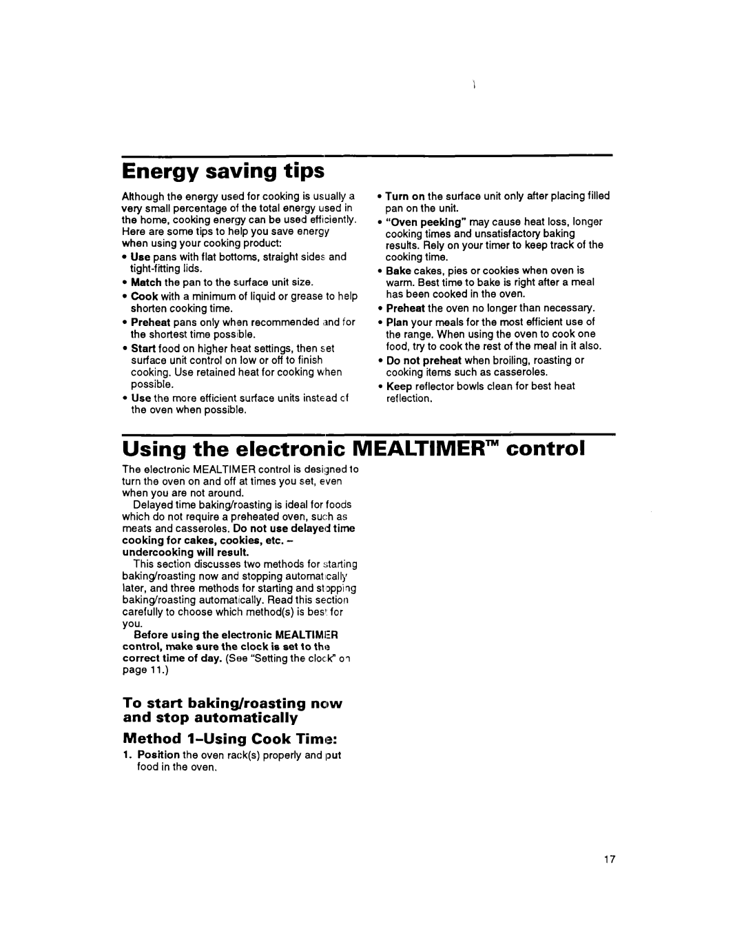 Whirlpool RS6755XB, RS675PXB warranty Energy saving tips, Using the electronic MEALTIMERm control, Method l-UsingCook Time 