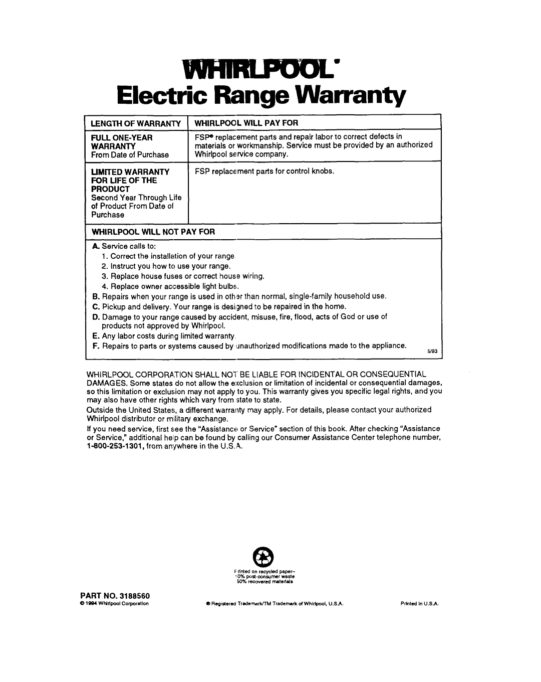 Whirlpool RS6755XB, RS675PXB warranty Electric Range Warranty 
