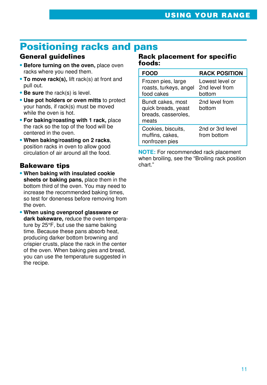 Whirlpool RS675PXE Positioning racks and pans, General guidelines, Bakeware tips, Rack placement for specific foods 